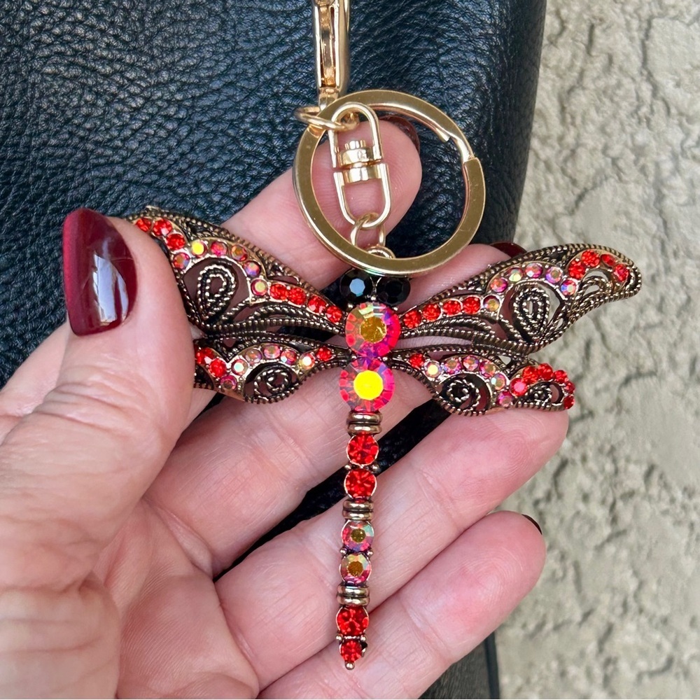 Whimsical Dragonfly Keychain/Bag-charm with Red and Pink Accents